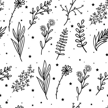 Seamless Pattern Mystical flowers and branches and leaves with stars. Mystic, alchemy, occult concept.のイラスト素材