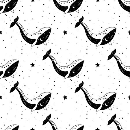 Seamless Pattern Mystical whale with moon and stars. Stars, constellations, moon.のイラスト素材