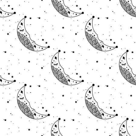 Seamless Pattern Mystical moon with stars. Stars, constellations, moon, crystals.のイラスト素材