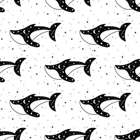 Seamless Pattern Mystical whale with moon and stars. Stars, constellations, moon.のイラスト素材