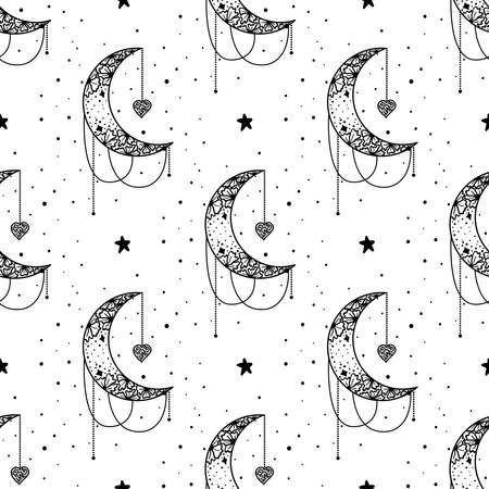 Seamless Pattern Mystical moon with stars. Stars, constellations, moon, crystals. Hand drawn astrology symbol. For print for T-shirts and bags, decor element. Mystical and magicalのイラスト素材