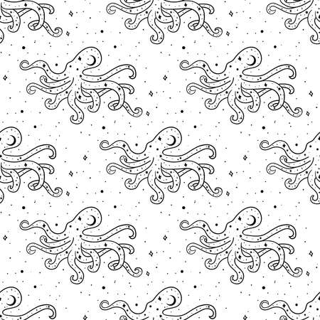 Seamless Pattern Mystical octopus with moon and stars. Stars, constellations, moon. Hand drawn astrology symbol. For print for T-shirts and bags, decor element. Mystical and magical, astrology illustrationのイラスト素材
