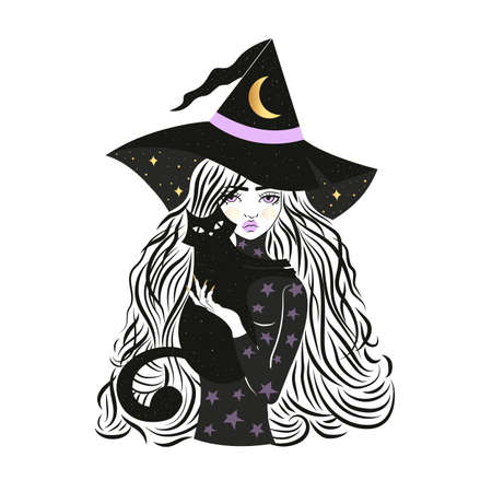Cute witch and cat wearing hat with stars and moon.のイラスト素材