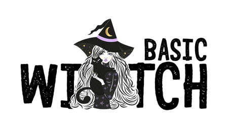 Cute witch and cat wearing hat with stars and moon. Vector illustration. Basic Witch slogan.のイラスト素材