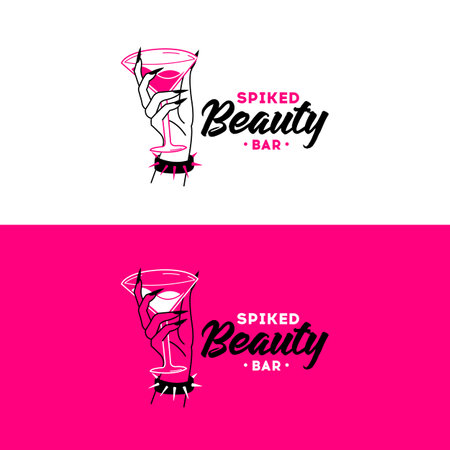 Beautiful female hand with elegant martini glass. Cocktail Beauty logo on white background.のイラスト素材