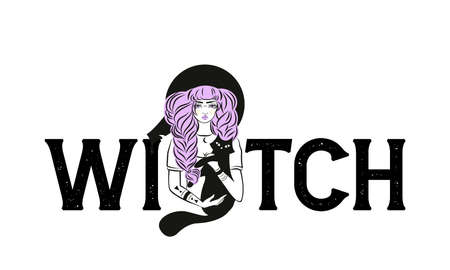 Cute witch and cat wearing hat. Vector illustration. Witch slogan.のイラスト素材