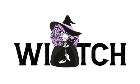 Cute witch and cat wearing hat. Vector illustration. Witch slogan.のイラスト素材