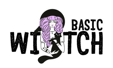 Cute witch and cat wearing hat. Vector illustration. Basic Witch slogan.のイラスト素材