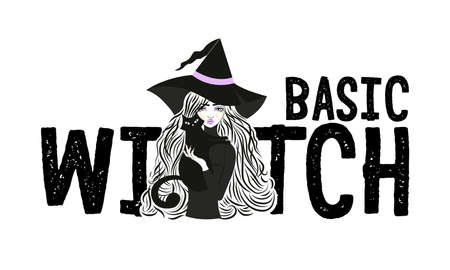 Cute witch and cat wearing hat. Vector illustration. Basic Witch slogan.のイラスト素材