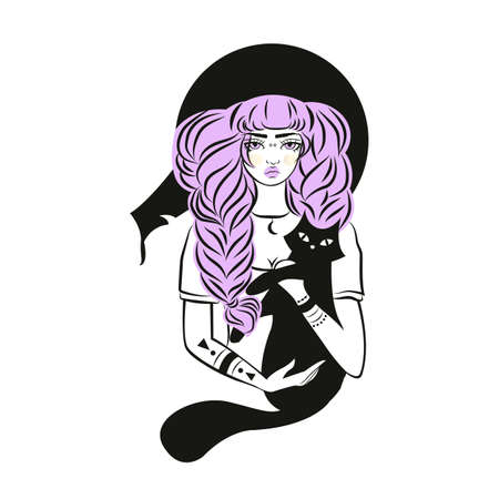 Cute witch and cat wearing hatのイラスト素材