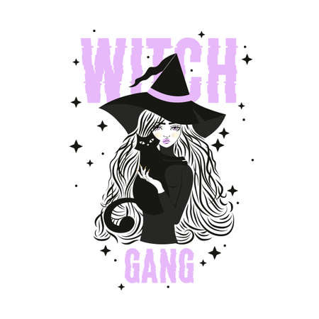 Cute witch and cat wearing hat. Vector illustration. Witch gang slogan with stars.のイラスト素材