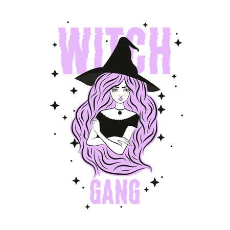Cute witch wearing hat. Vector illustration. Witch gang slogan with stars.のイラスト素材