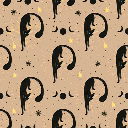Vector magical seamless pattern with black cat, moon and stars. Vector magic seamless patternの写真素材