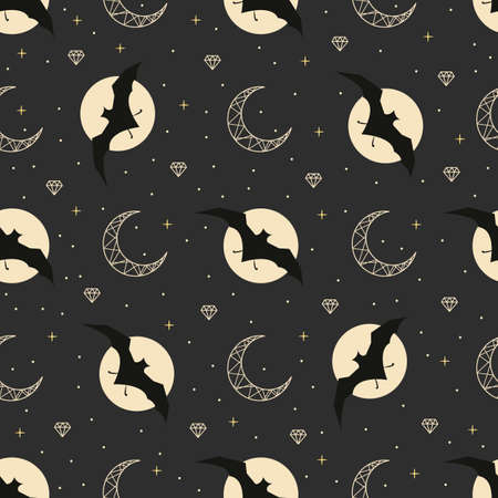 Night sky pattern. Vector magical seamless pattern with bat, moon and stars.のイラスト素材