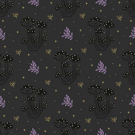 Night sky pattern. Vector magical seamless pattern with mushrooms, moon and stars.のイラスト素材