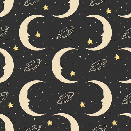 Night sky pattern. Vector magical seamless pattern with planet, moon and stars.のイラスト素材