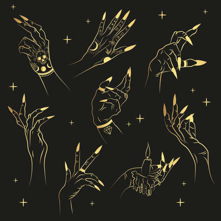 Hand drawn set of female witches with hands in different poses.のイラスト素材