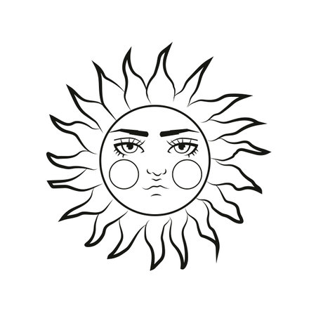 Bohemian illustration, stylized vintage design, sun with face and closed eyes, stylized drawing, tarot card.のイラスト素材
