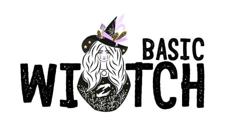 Cute witch and cat wearing hat. Vector illustration. Basic Witch slogan.のイラスト素材