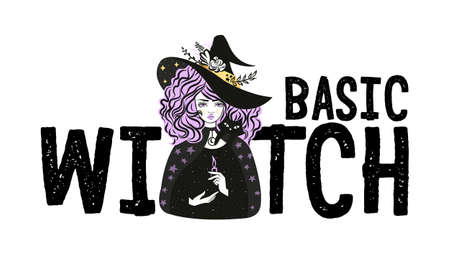 Cute witch and cat wearing hat. Vector illustration. Basic Witch slogan.のイラスト素材