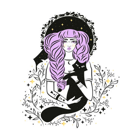 Cute witch and cat wearing hatのイラスト素材