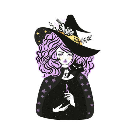 Cute witch and cat wearing hatのイラスト素材