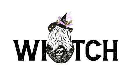 Cute witch and cat wearing hat. Vector illustration Witch slogan.のイラスト素材