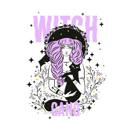 Cute witch and cat wearing hat. Vector illustration Witch gang slogan with stars.のイラスト素材