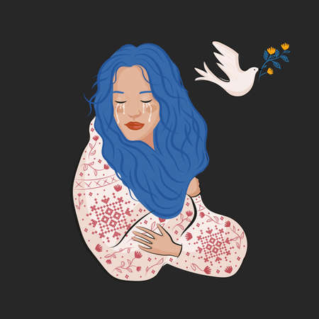 Ukrainian girl. Stop War in Ukraine. Ukraine War Poster. Vector Illustration.のイラスト素材