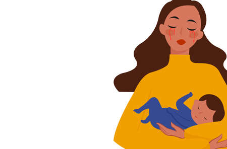 Ukrainian girl with baby. Stop War in Ukraine. Ukraine War Poster. Vector Illustration.のイラスト素材