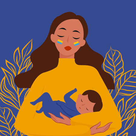 Ukrainian girl with baby. Stop War in Ukraine. Ukraine War Poster. Vector Illustration.のイラスト素材
