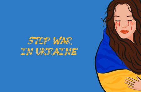 Ukrainian girl. Stop War in Ukraine. Ukraine War Poster. Vector Illustration.のイラスト素材