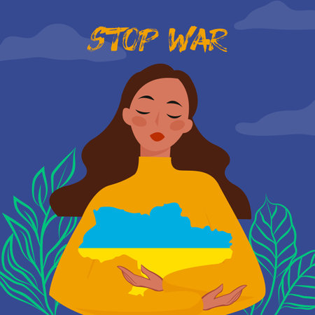 Ukrainian girl. Stop War in Ukraine. Ukraine War Poster. Vector Illustration.のイラスト素材