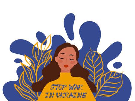 Ukrainian girl. Stop War in Ukraine. Ukraine War Poster. Vector Illustration.のイラスト素材
