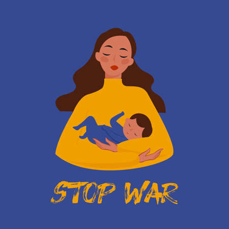 Ukrainian girl with baby. Stop War in Ukraine. Ukraine War Poster. Vector Illustration.のイラスト素材