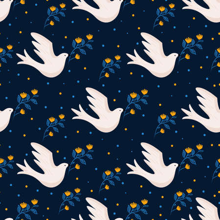 Seamless vector pattern with doves, plants, and feathers. Background with flying birds and plants in yellow and blue colors.のイラスト素材