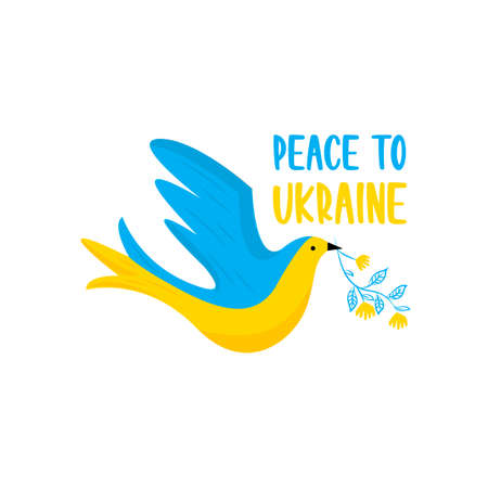 Flag of Ukraine in the form of a dove of peace. Dove of peace. Flying bird with an branch in beak. Peace and love, freedom, no war concept.のイラスト素材