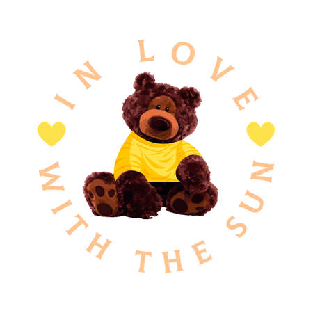 In Love With The Sun Slogan. Cute brown bear doll vector illustration on isolated backgroundのイラスト素材