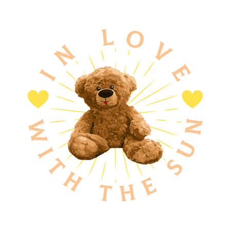 In Love With The Sun Slogan. Cute brown bear doll vector illustration on isolated backgroundのイラスト素材