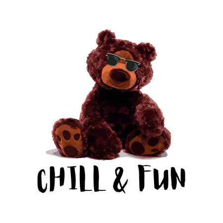 Chill and Fun Slogan. Cute brown bear doll in sunglasses vector illustration on isolated backgroundのイラスト素材