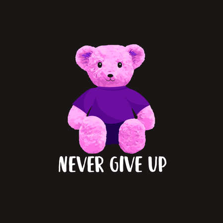 Never Give Up Slogan. Cute pink bear doll vector illustration on black backgroundのイラスト素材