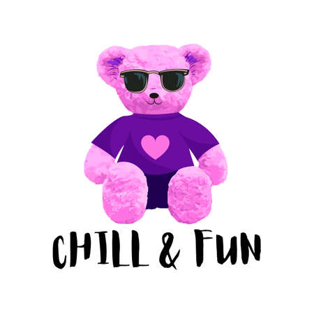 Chill and Fun Slogan. Cute pink bear doll in sunglasses vector illustration on isolated backgroundのイラスト素材