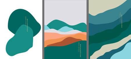 Landscape background in banner style. Geometric template with wavy shape. Abstract vector art. Art landscape background with wave pattern vector. Natural wallpaper with curve elements.のイラスト素材