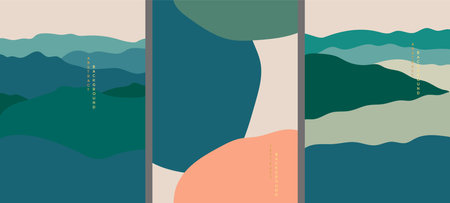Landscape background in banner style. Geometric template with wavy shape. Abstract vector art. Art landscape background with wave pattern vector. Natural wallpaper with curve elements.のイラスト素材