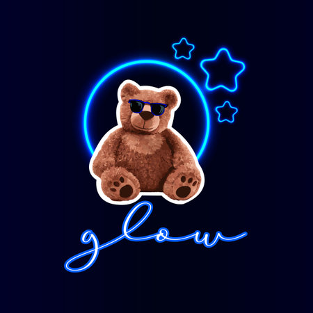 Beautiful cute neon brown bear doll slogan vector illustration on black backgroundのイラスト素材