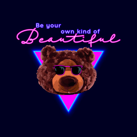 Beautiful cute neon brown bear doll slogan vector illustration on black backgroundのイラスト素材