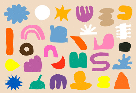 Big set of colorful geometric shapes in trendy riso graph print texture style.のイラスト素材