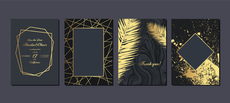 Modern black cover, frame design set. Luxury holiday creative line pattern and golden stars.のイラスト素材