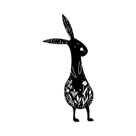 Adorable hare or wild rabbit sitting in flowers, hand drawn in linocut style. Linocut style vector illustration, isolated on white backgroundのイラスト素材