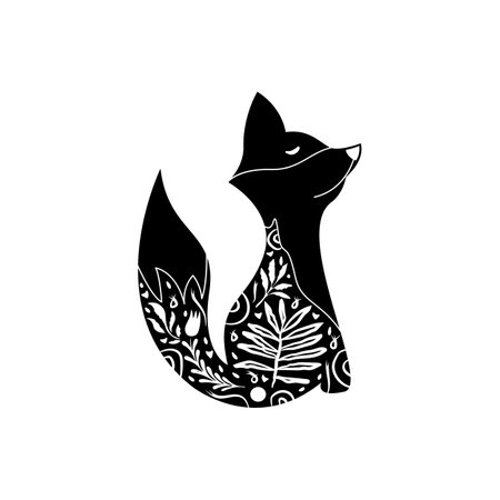 Fox in floral ornament. Modern boho decorative linocut.のイラスト素材